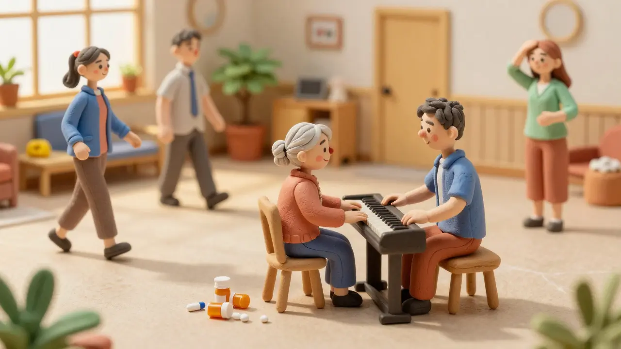 Caregivers engaging dementia patients in music and walking therapy, with discarded pills crushed underfoot in a warm, hopeful setting.