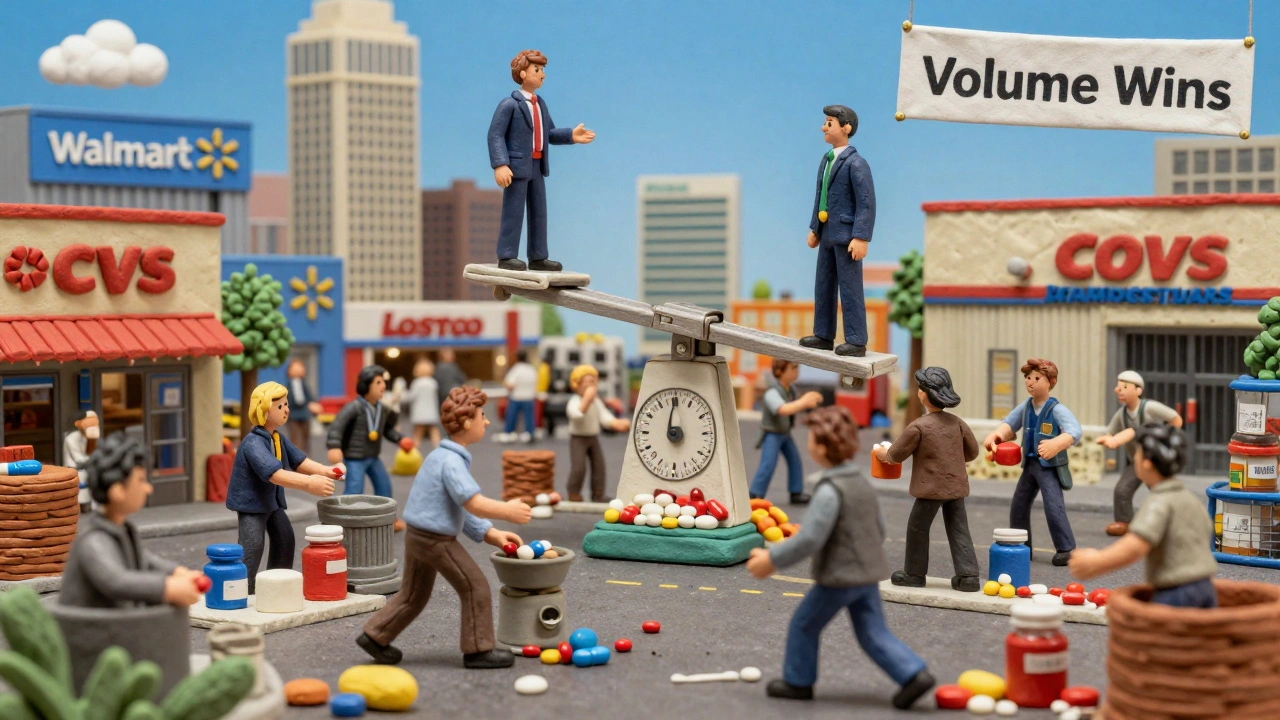 Clay figures of drug manufacturers racing to lower prices as PBMs and big pharmacies drive down costs.