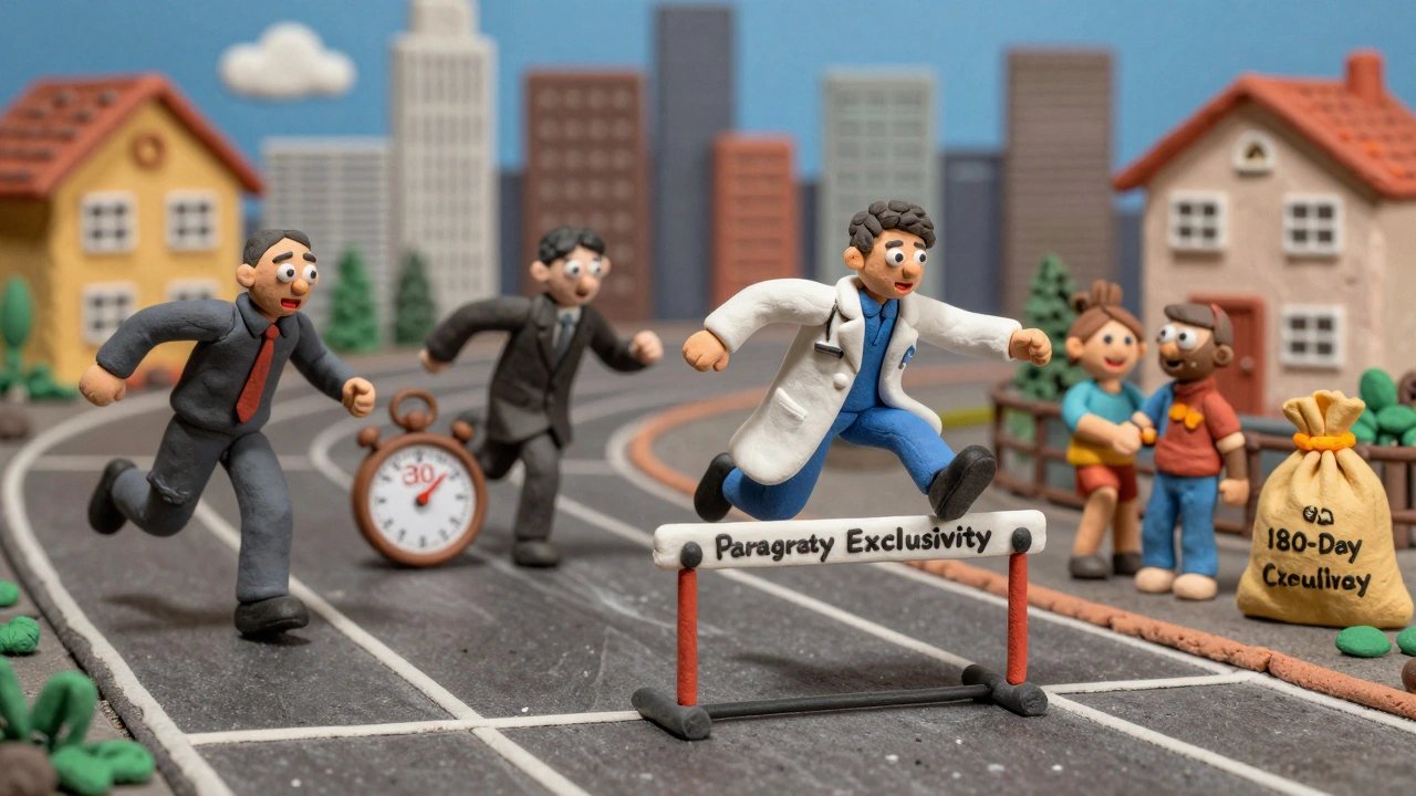 Clay figures racing toward 180-day exclusivity, one leaping over a patent challenge hurdle, while a shadowy company delays them.