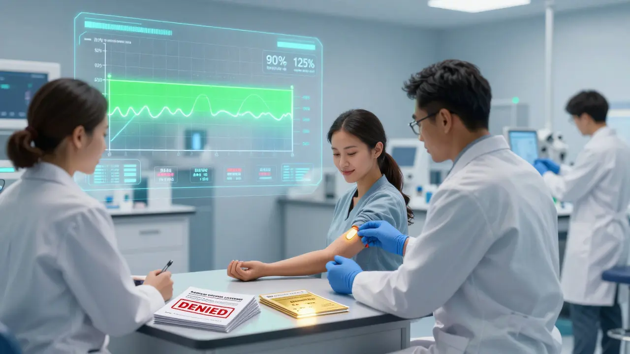Clinical lab with volunteers and holographic graphs showing 90% confidence interval within 80-125% range.