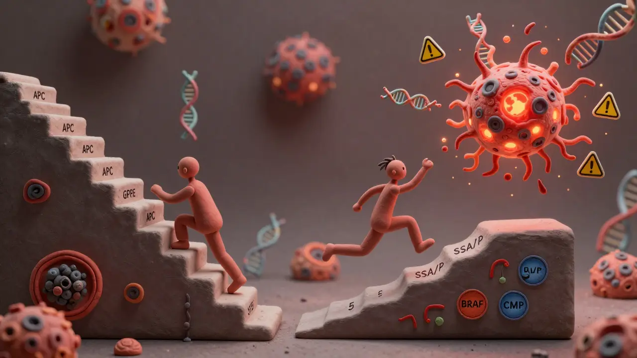 Conceptual clay illustration comparing slow adenoma and fast serrated lesion cancer pathways.