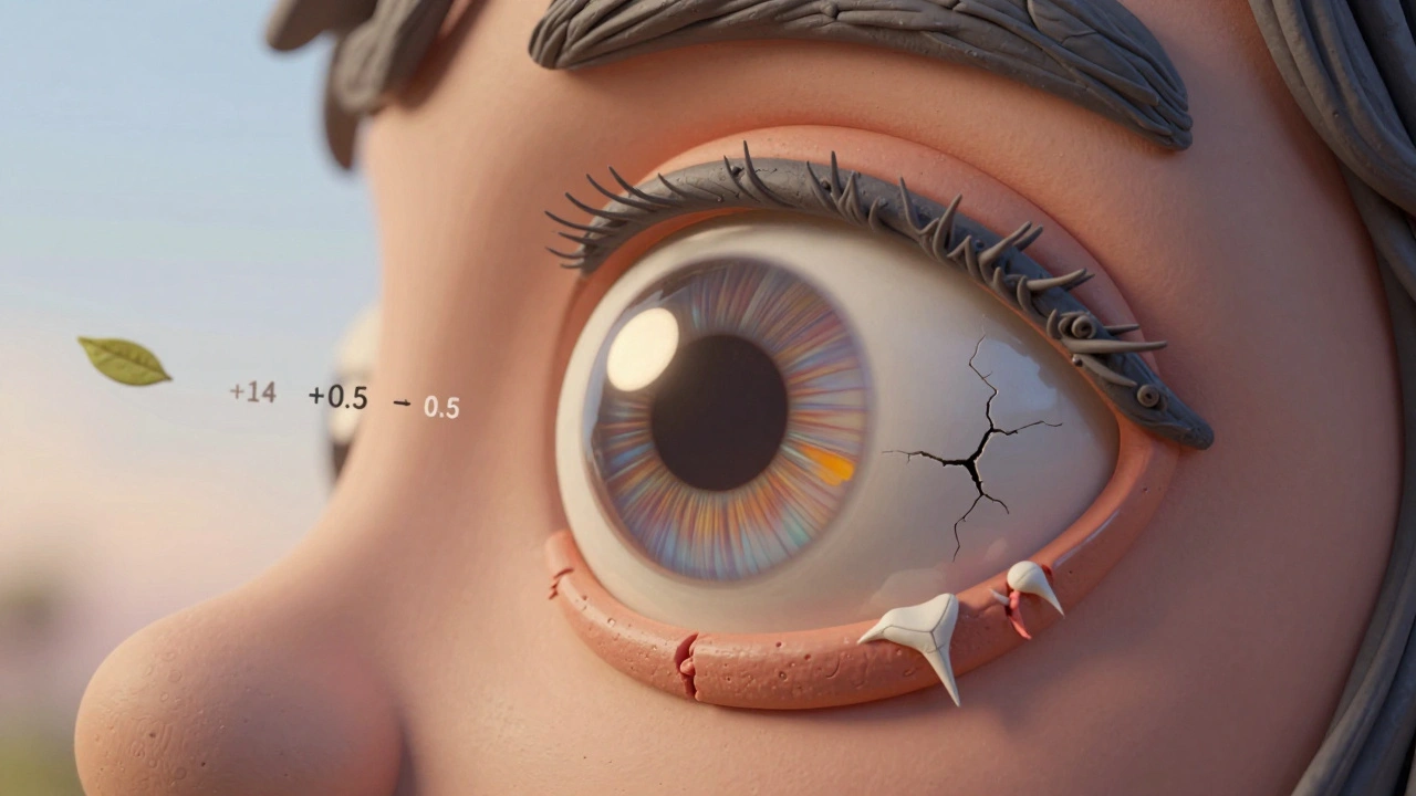 Cross-section of an aging eye showing a hardened lens losing flexibility over time.