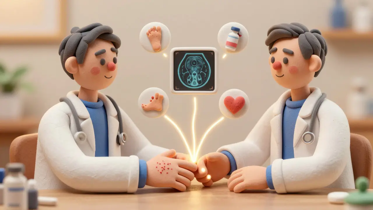 Dermatologist and rheumatologist connected by glowing threads linking skin rash to joint pain.