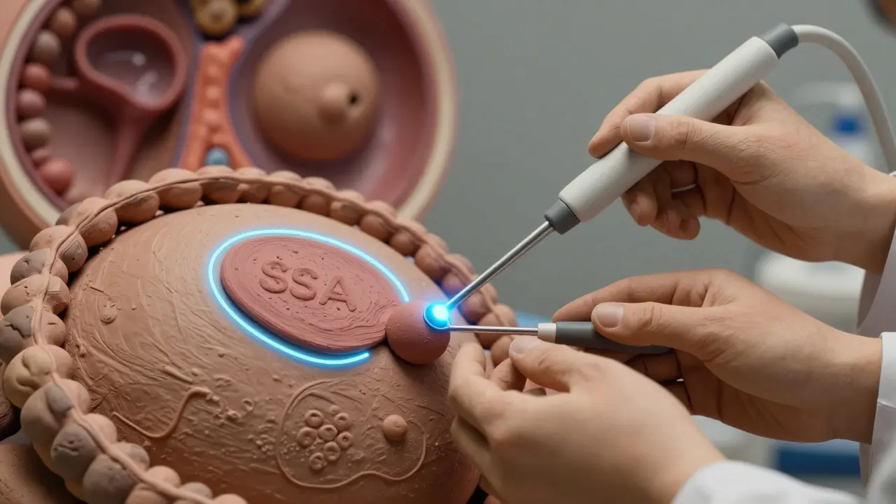 Endoscopist using AI-highlighted scope to detect a hidden serrated polyp during colonoscopy.