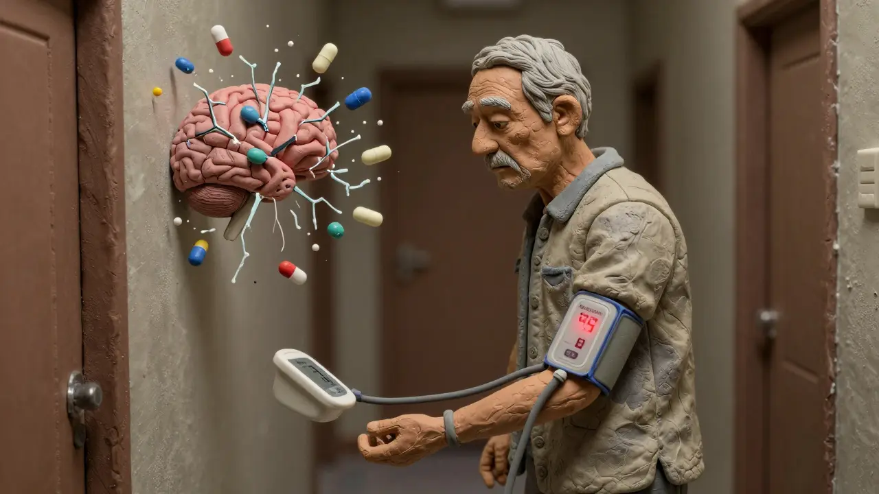 Frail senior with crumbling brain vessels as antipsychotic pills float nearby, symbols of stroke and metabolic risks surrounding them.