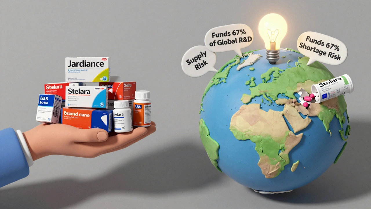 Global scale showing high U.S. brand-name drug prices funding innovation, with a cracked generic bottle warning of shortages.