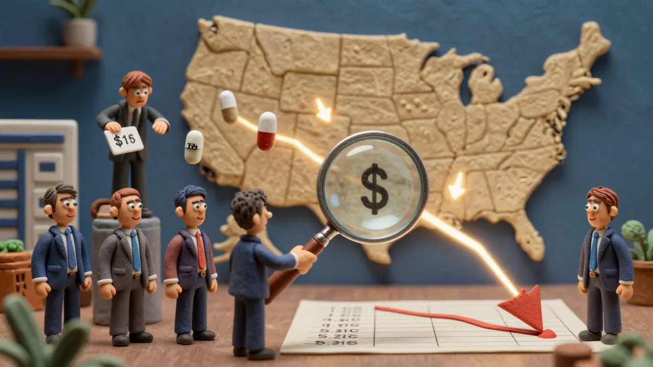 Government officials watching prices drop as generic drugs enter the market, with a brand-name drug lowering its price.