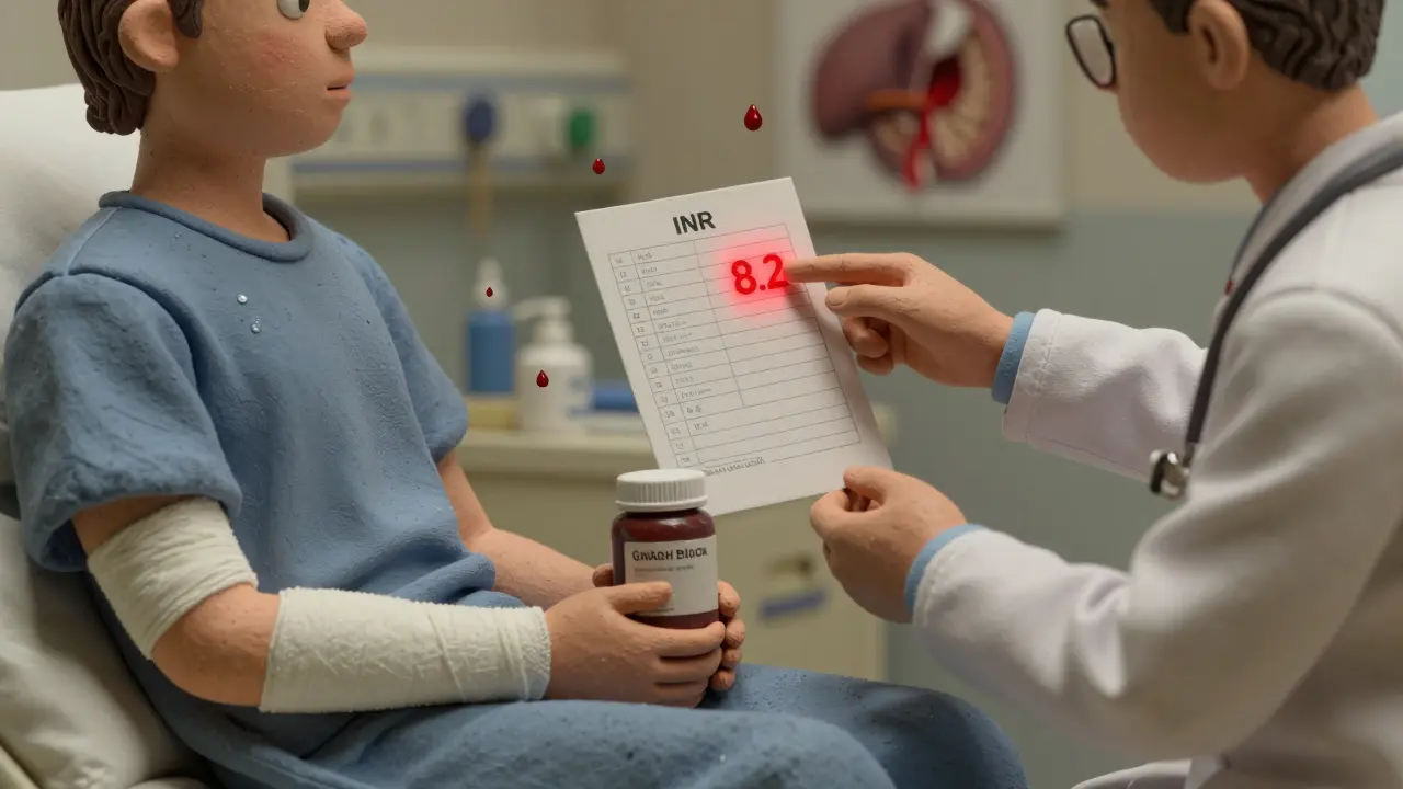 Hospital patient with bandaged arm and high INR reading from ginkgo and blood thinner interaction