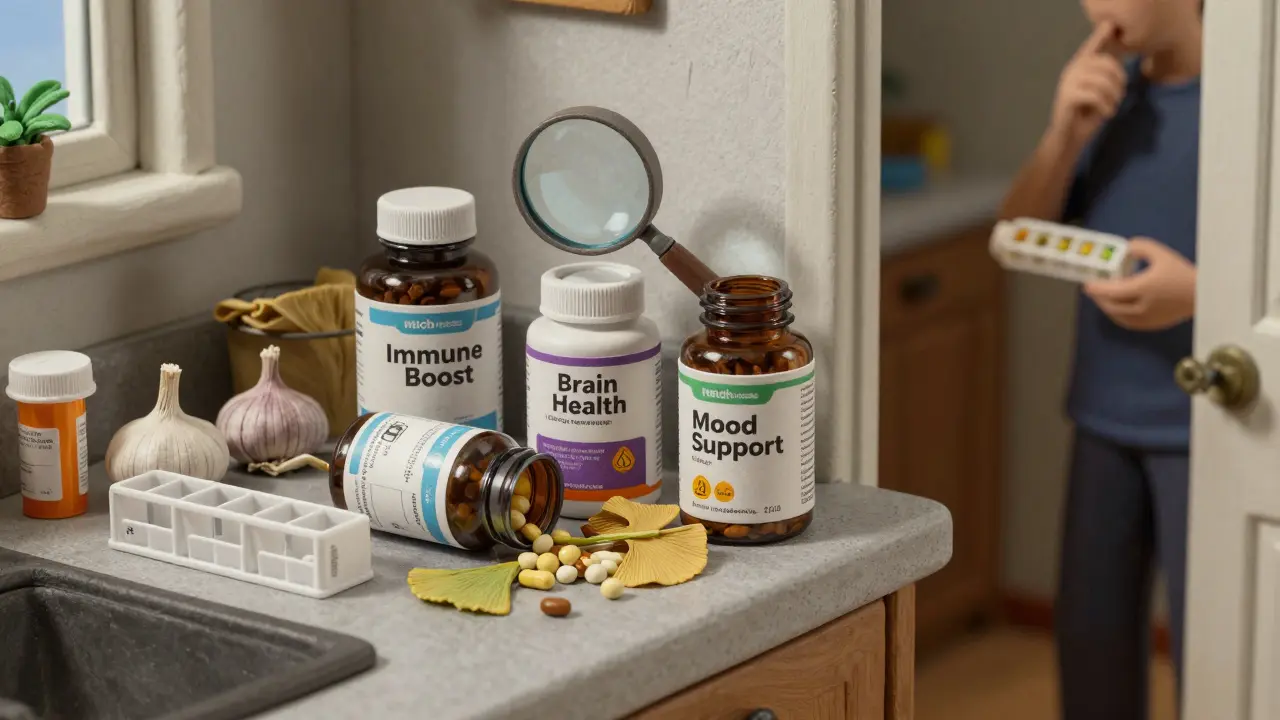 Kitchen counter with spilled herbal supplements next to prescription bottles