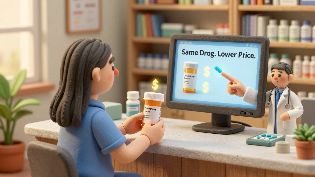 Patient and pharmacist comparing prescription bottles, one branded and one generic, with price comparison on screen.