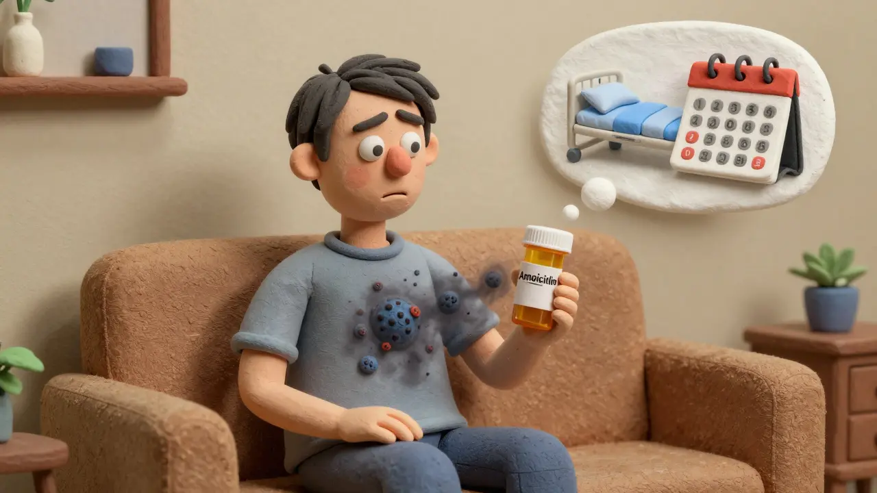 Patient at home with antibiotic bottle casting a C. diff shadow, symbolizing community infection risk.