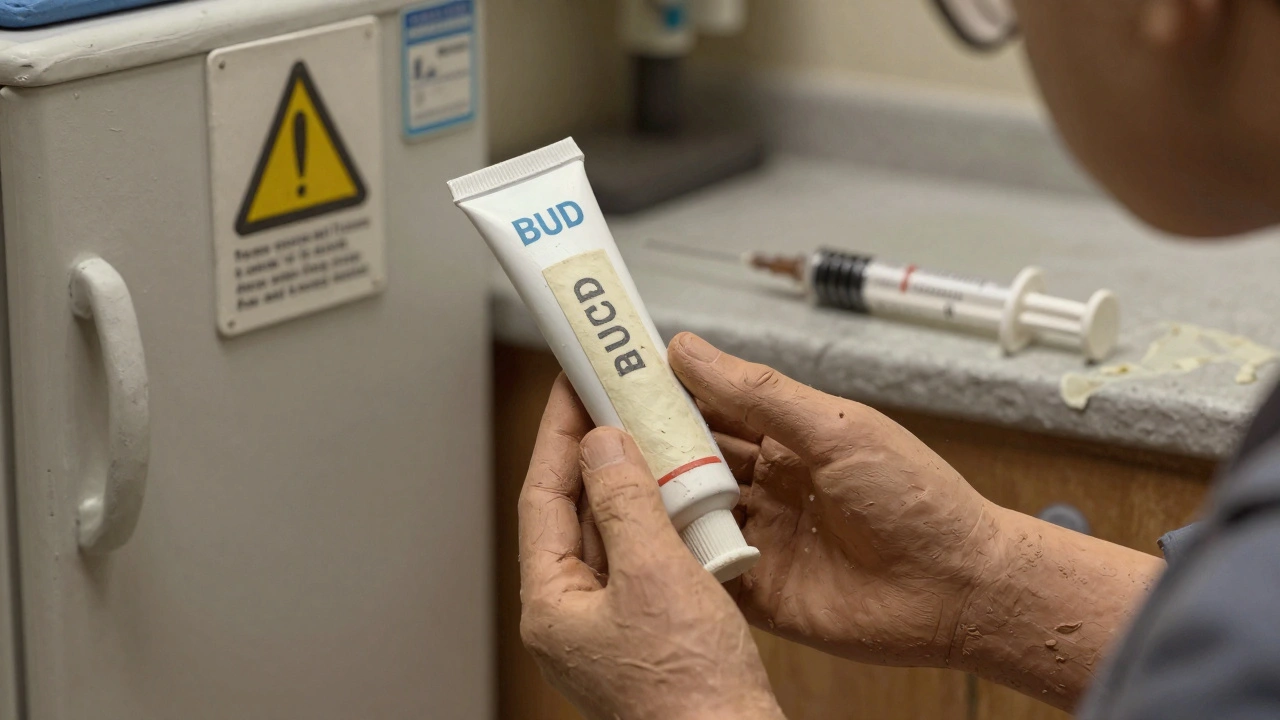Patient holding compounded cream beside a fridge, with a risky syringe on the counter.