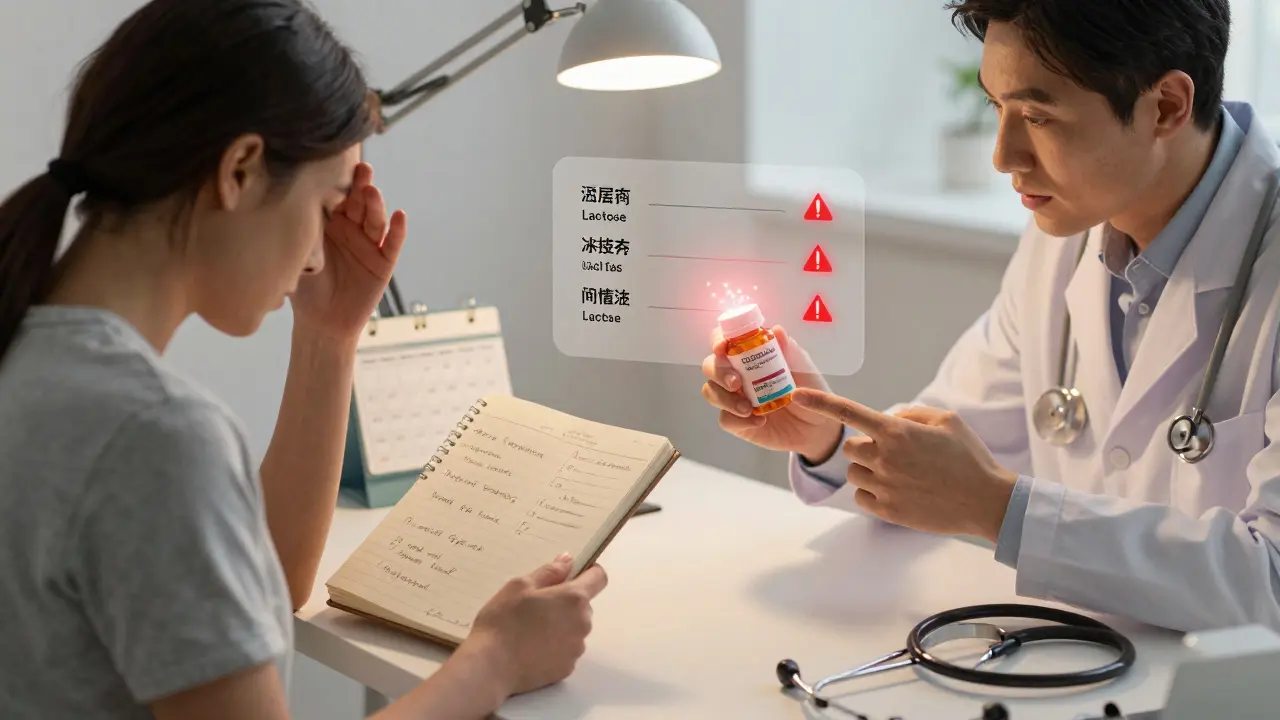 Patient showing symptom journal to doctor while examining a generic medication bottle.