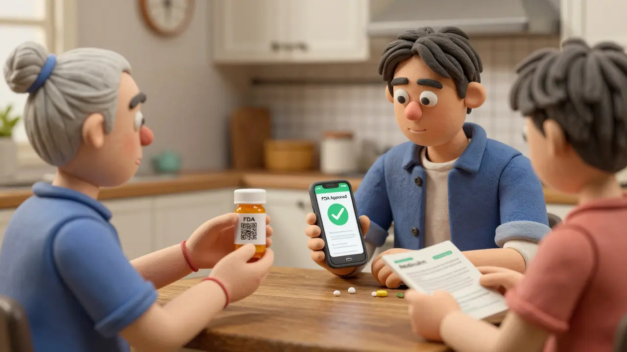 People at home taking generics, one scanning a QR code, others reading guides, in a warm, trusting setting.