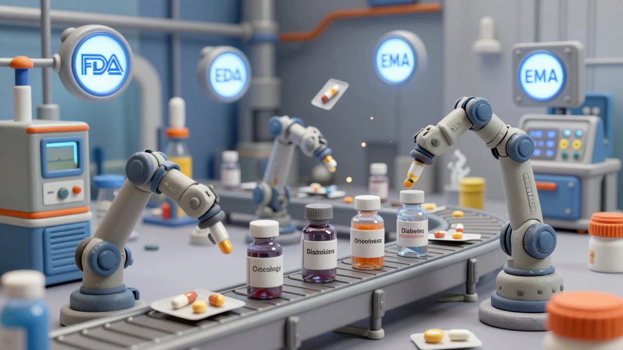 Robotic factory producing generic pills under FDA and EMA seals, with AI monitoring quality control.