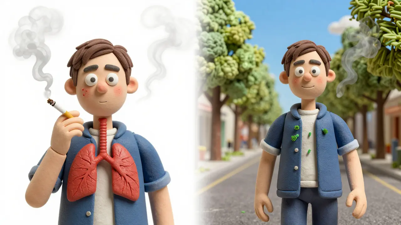 Split illustration: smoking damages lungs on one side, healing begins on the other with regrowing cilia.