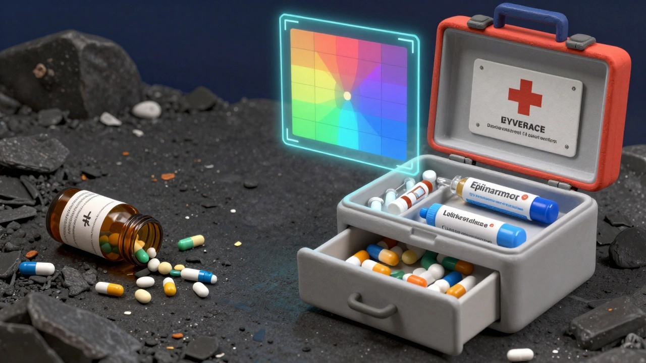 Split scene: polluted landfill vs. organized emergency medicine kit with labeled critical drugs.