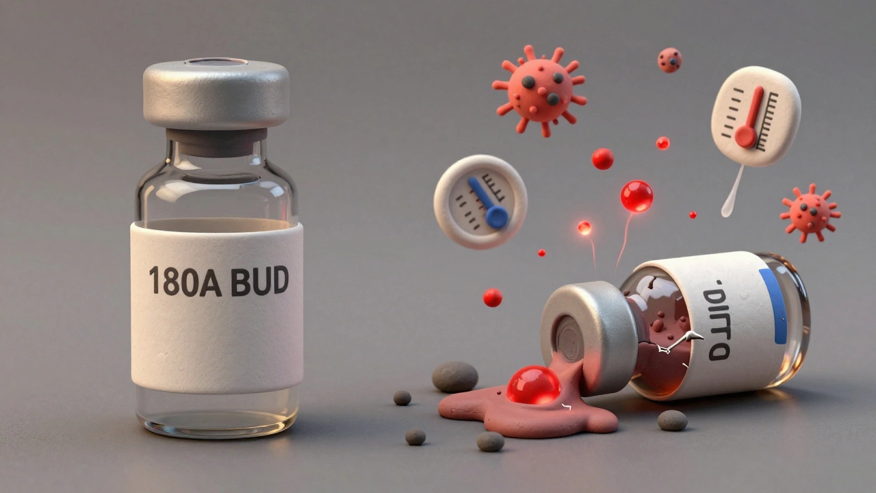 Split scene: safe compounded medication vs. degraded version with toxic particles.