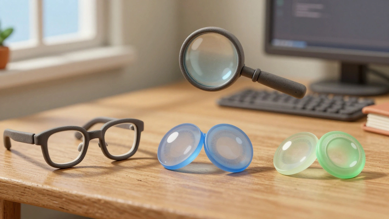 Three types of vision correction tools—reading glasses, progressives, and contacts—on a wooden table.