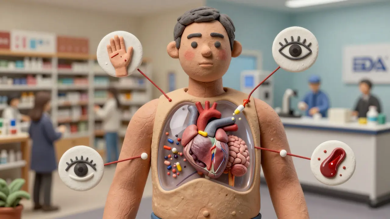 Transparent human body showing how generic pills release chaotic particles compared to smooth brand pills.