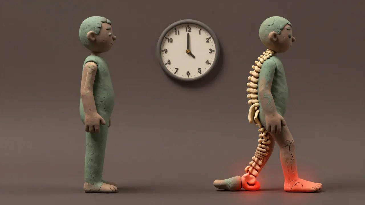 Two clay figures side by side: one healthy, one with inflamed spine and tendon damage from psoriatic arthritis.