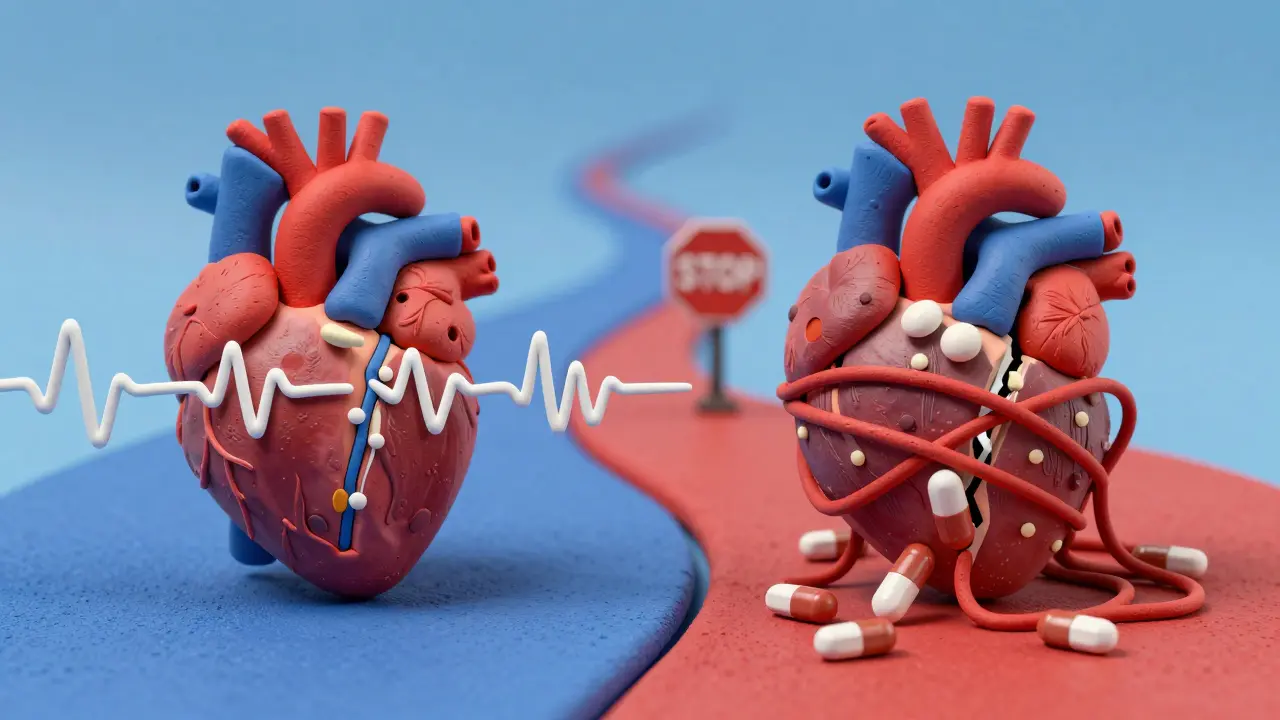 Two paths: one safe heart with clean waves, one damaged heart with hydroxyzine pills sinking in.