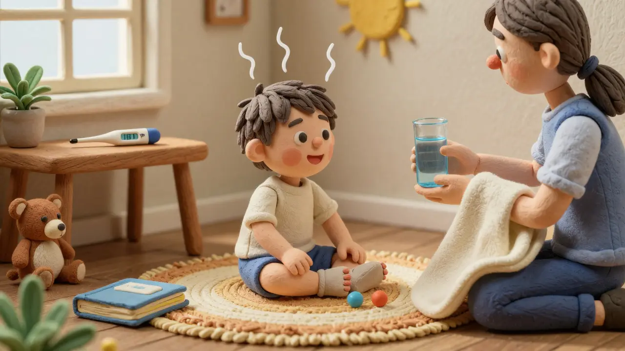 A cheerful child plays after vaccination, hydrated and comfortable with no medicine needed.