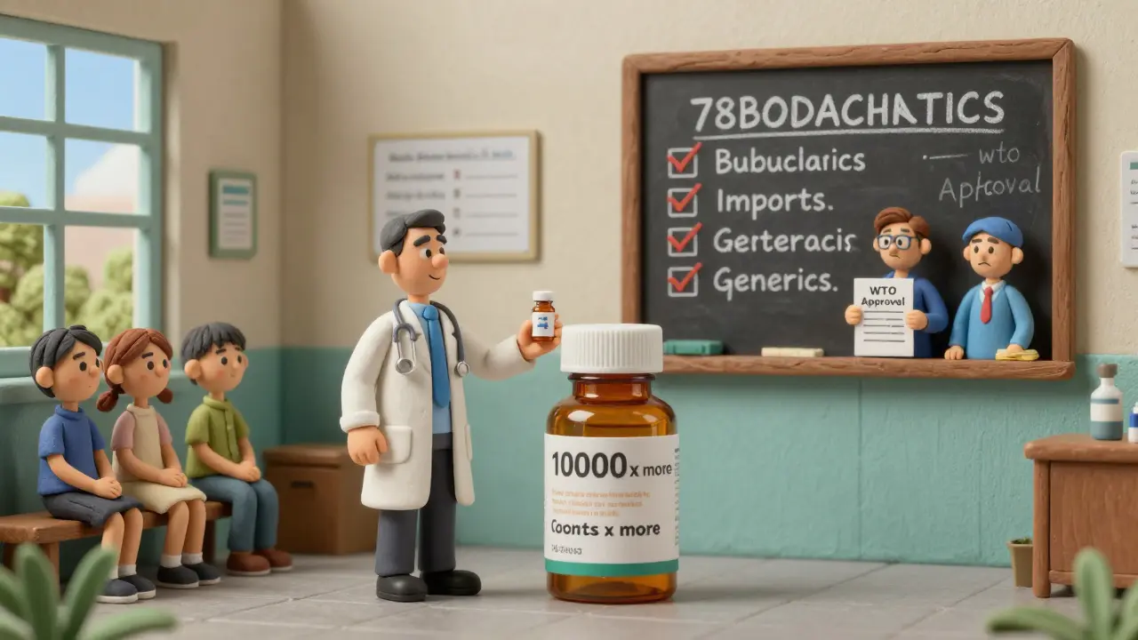 A doctor holding a cheap generic pill next to an expensive branded vial, surrounded by complex bureaucracy.