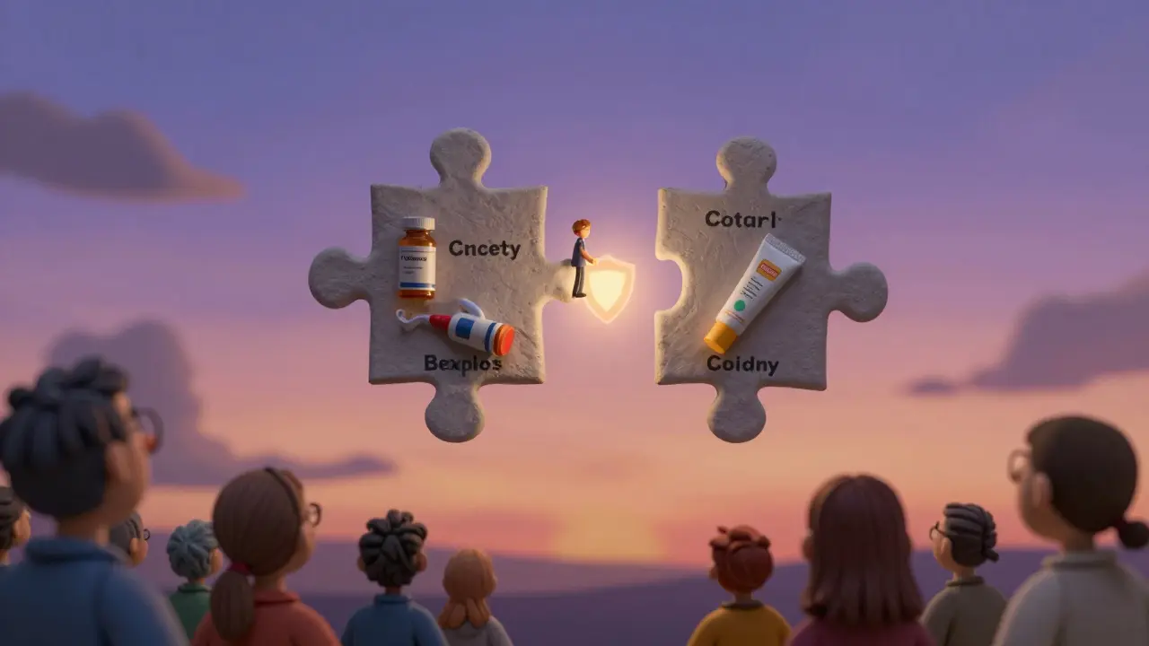 A giant puzzle made of medical products being completed by a patient's small hand in the sky.