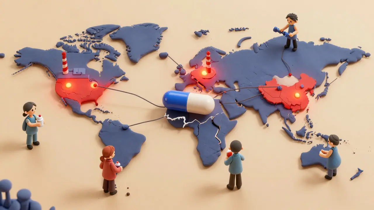 A global map with red factory hotspots connected to a crumbling pill, surrounded by anxious patients.