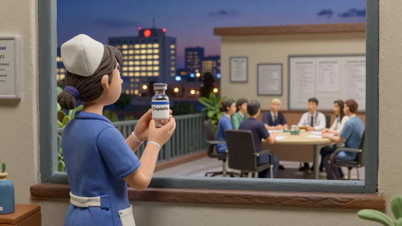 A nurse in a rural clinic holds an empty vial while a well-equipped hospital glows in the distance.