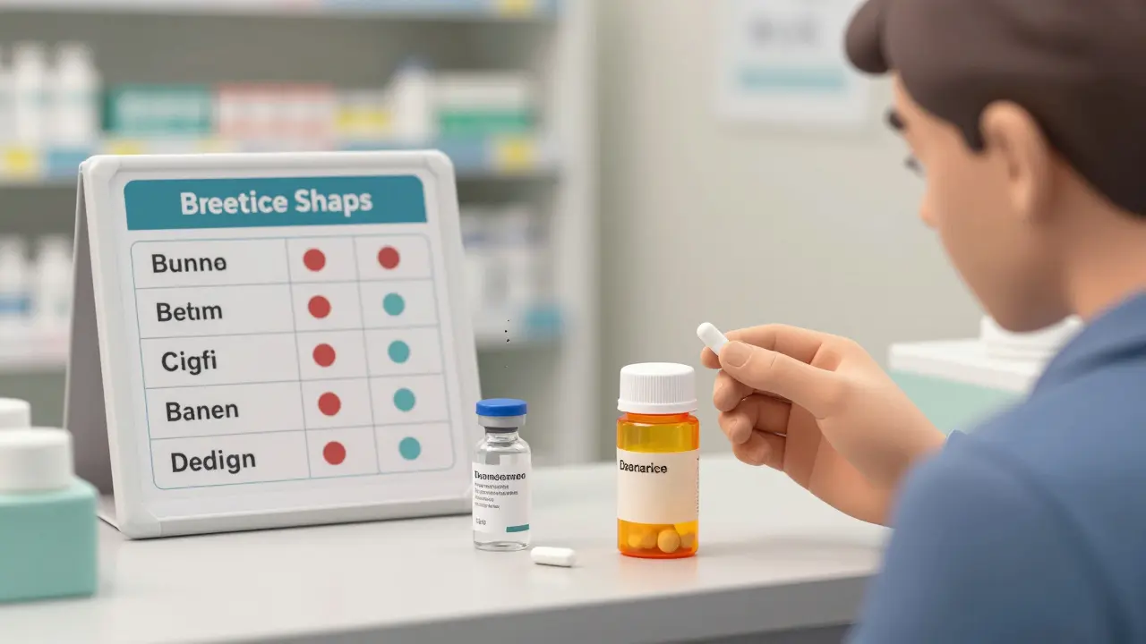 A patient examining defective pills at a pharmacy counter with comparison data nearby.