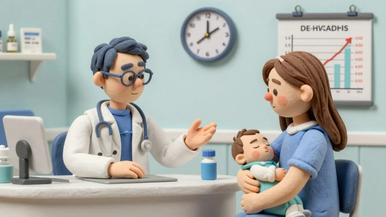 A pediatrician explains vaccine timing to a parent, with a clock showing 4 hours post-shot.