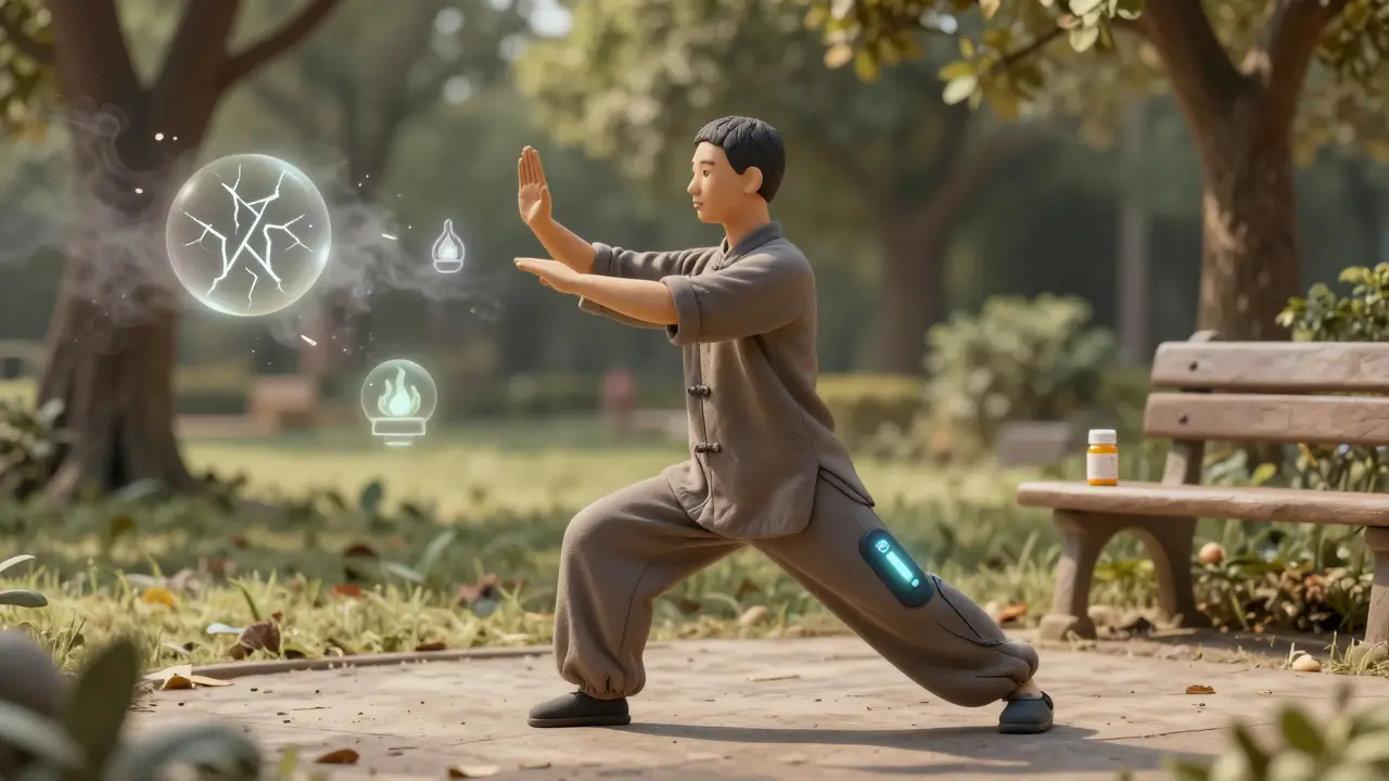 A person practicing tai chi in a park as pain symbols dissolve into mist, with a wearable nerve device on their leg and a half-empty pill bottle on a bench.