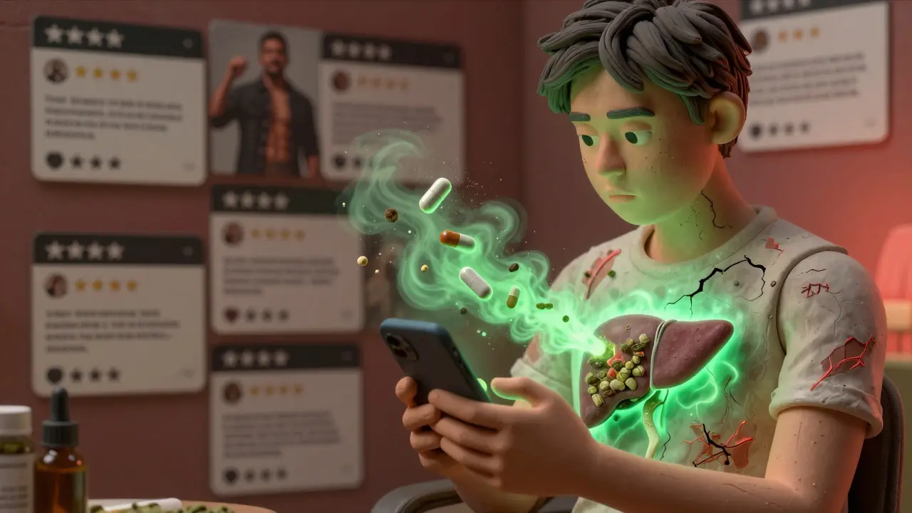 A young person scrolling TikTok as herbal supplements turn into toxic clouds heading toward their liver.