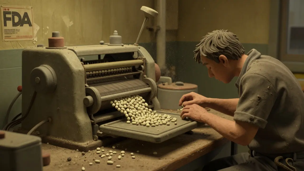 An old factory with malfunctioning tablet machines producing defective pills under dim lighting.