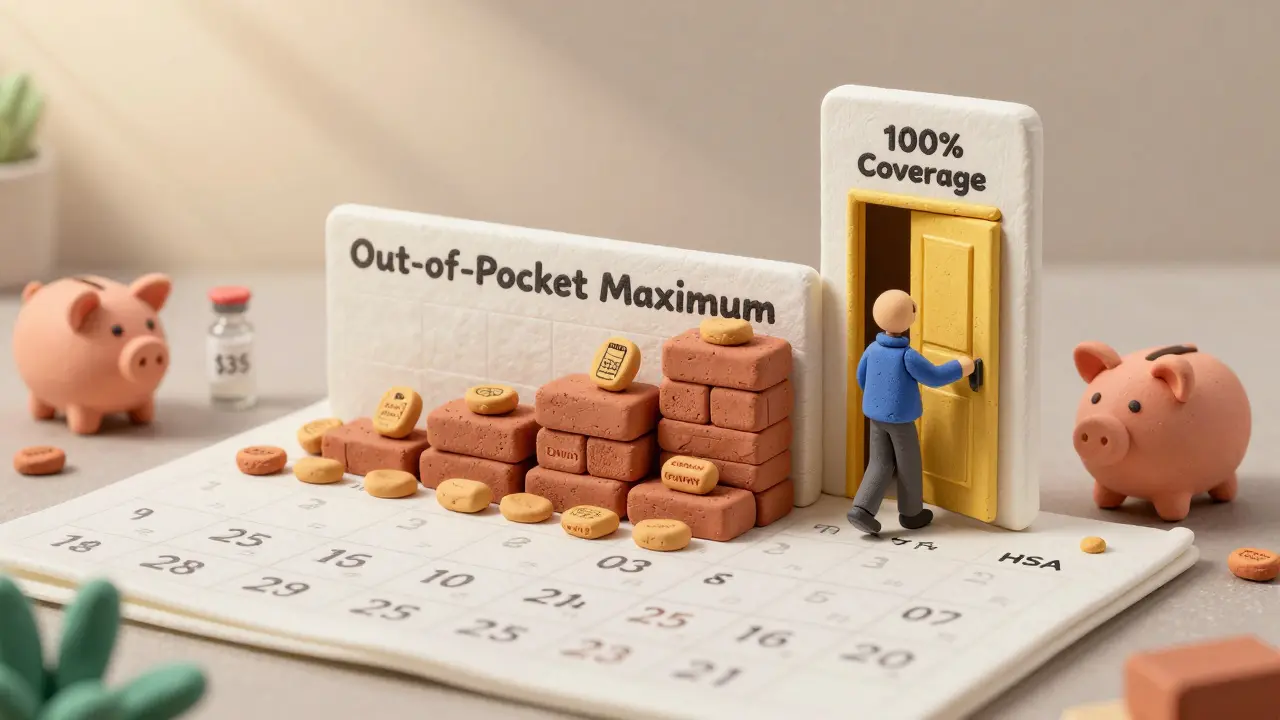 Calendar showing out-of-pocket payments building to a maximum cap with a door opening.