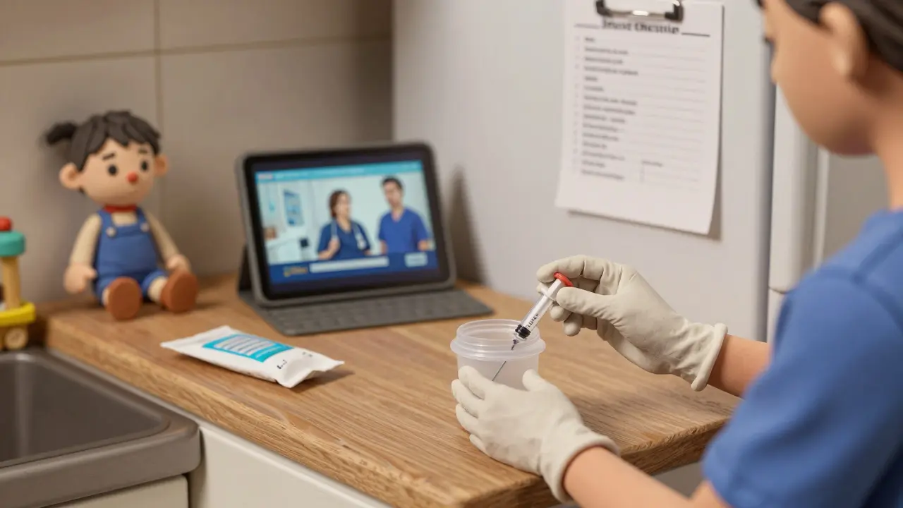 Caregiver safely disposing of a syringe at home with checklist and safety video visible.