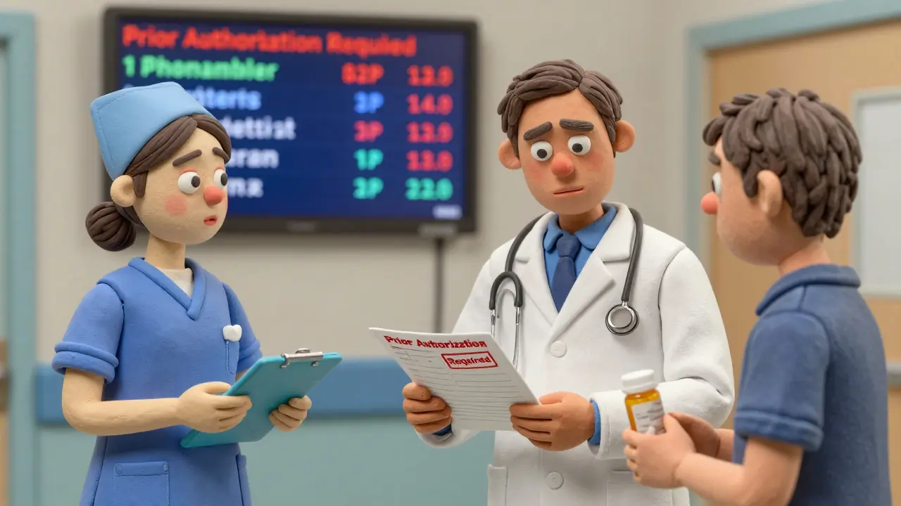 Doctor and nurse in hospital corridor with patient holding a prior authorization prescription