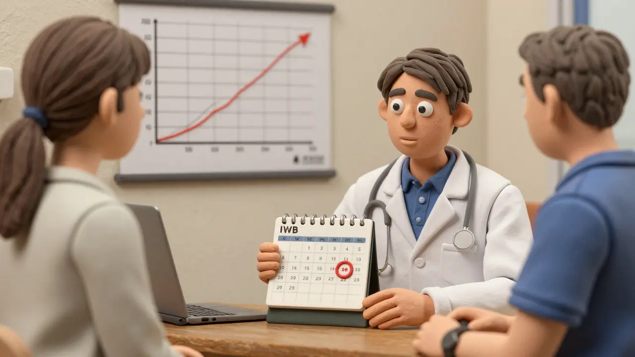 Doctor and patient discussing treatment pause, with bone density graph visible on the wall.