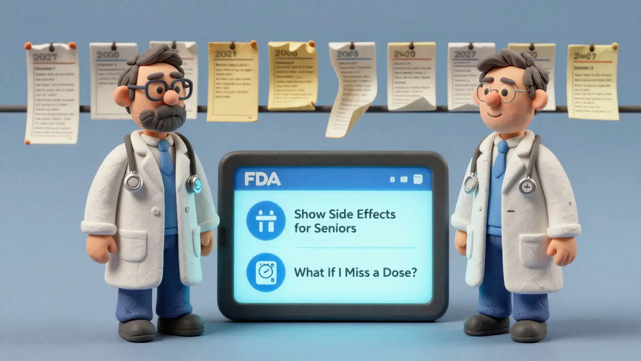 Doctor and pharmacist interacting with an interactive digital FDA label.