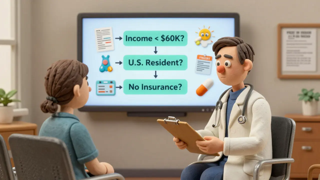 Doctor giving patient a form to apply for a patient assistance program, with digital eligibility flowchart in background.