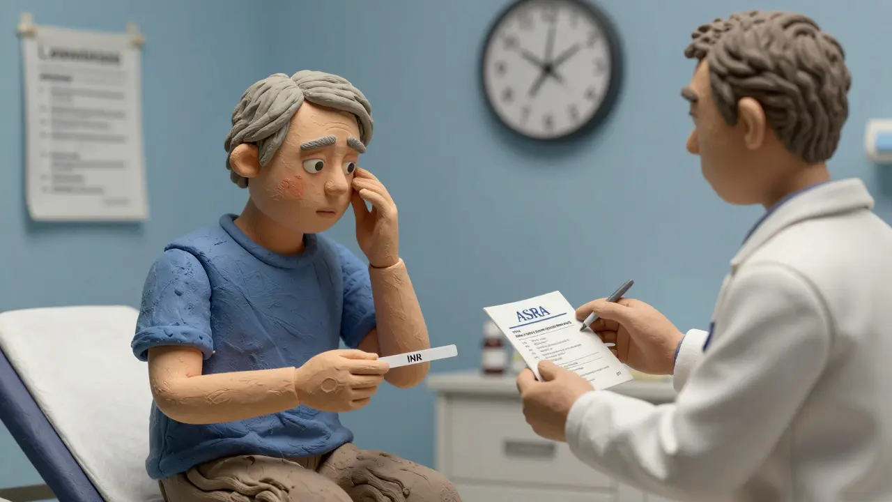 Elderly patient and doctor reviewing anticoagulant timing guidelines with an INR test strip and clock.