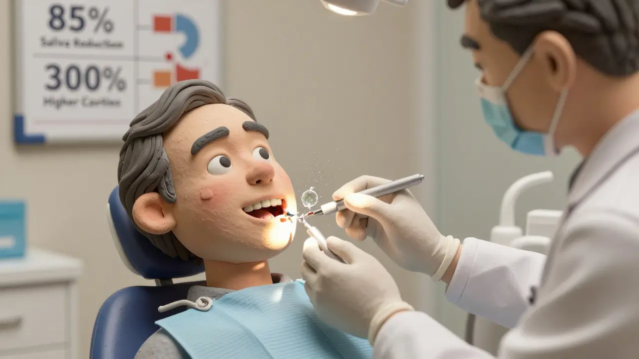Elderly patient at dentist with visible tooth decay, saliva droplet crumbling beside them.