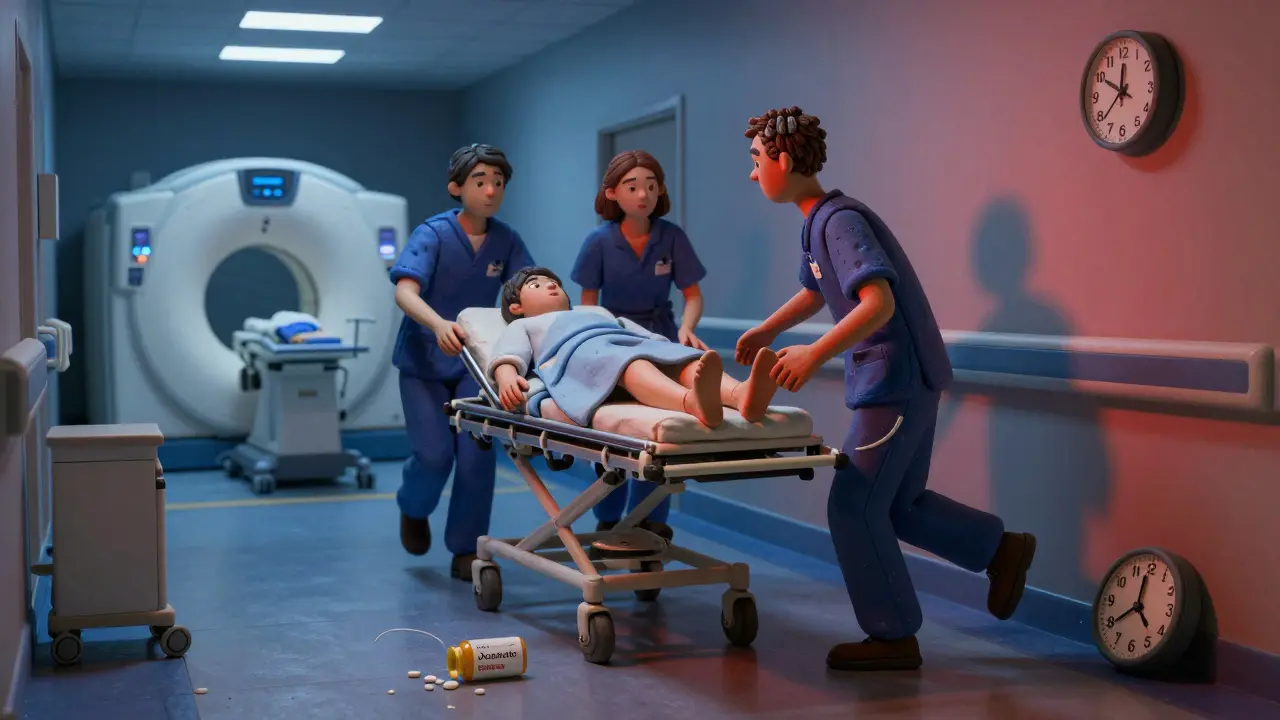 Medical team rushing a patient with leg weakness at night, a dropped Xarelto bottle beside a clock.