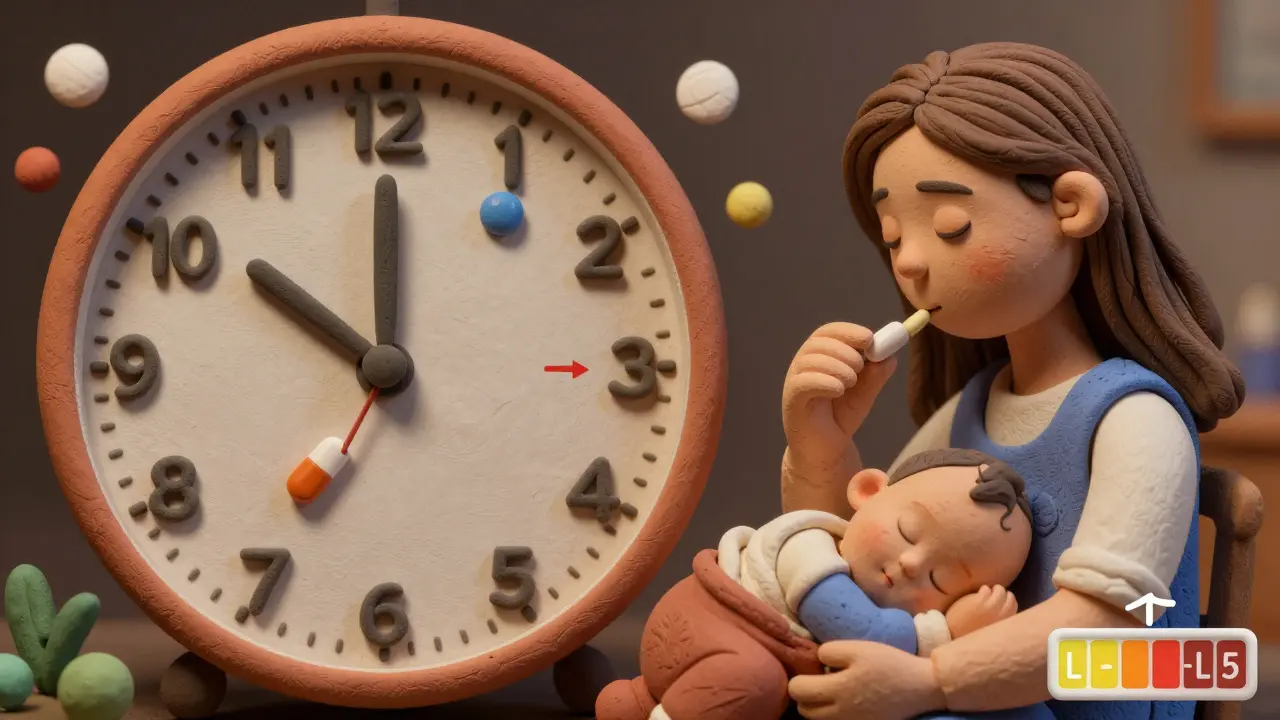 Mother taking medication at night while baby sleeps, with drug molecules and timing arrows in clay style.