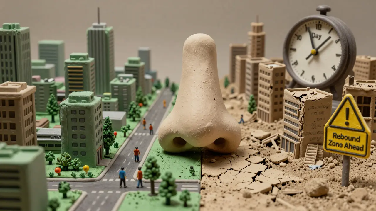Nasal passage as a city: one side thriving, the other a wasteland with rebound congestion signs in clay style.