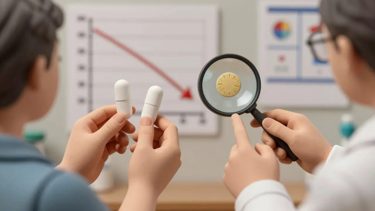 Patient and pharmacist comparing pills under magnification, showing identical composition.