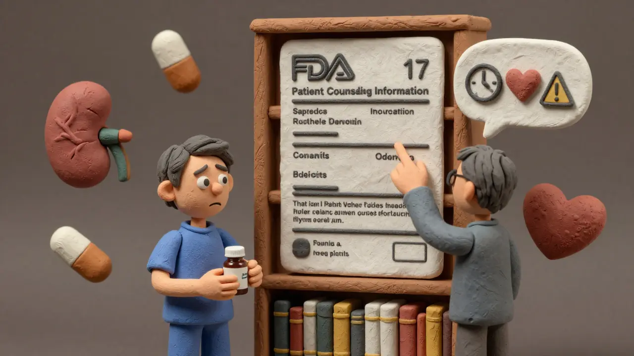 Patient beside a towering FDA drug label, pointing to patient counseling section.