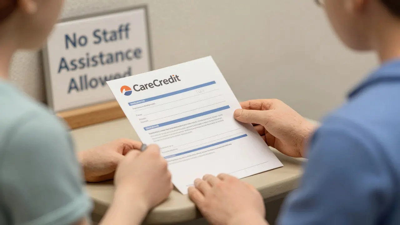 Patient filling out a medical financing application alone, staff hands behind back.